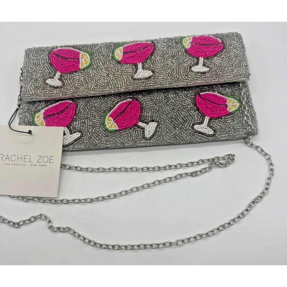 Rachel Zoe Clutch Bag Womens Small Silver Beaded Cocktail Glasses‎ Chain Strap